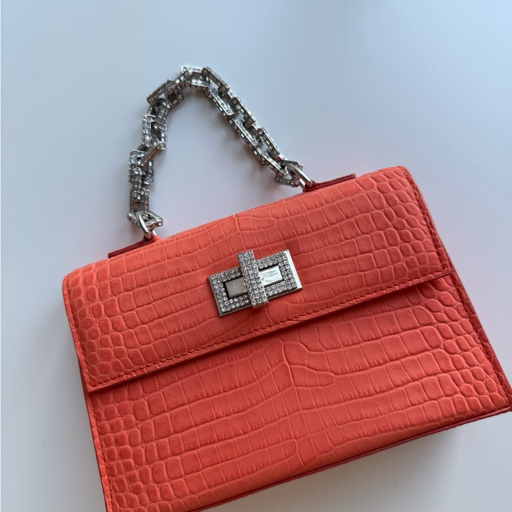 Gedebe Mini Sophie Coral Croc-Embossed Satchel with Crystal Chain Handle